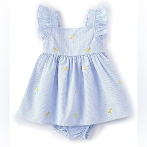 Flutter Sleeve Lemon Embroidered Stripe Seersucker Dress & Bloomer